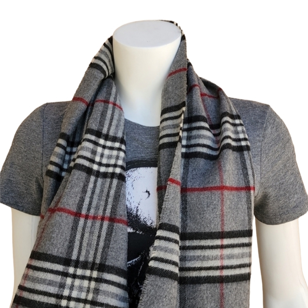 VINTAGE Gray Plaid Nova Check Scarf Wool Cashmere Acrylic V FRAAS GERMANY Mens - Picture 9 of 11